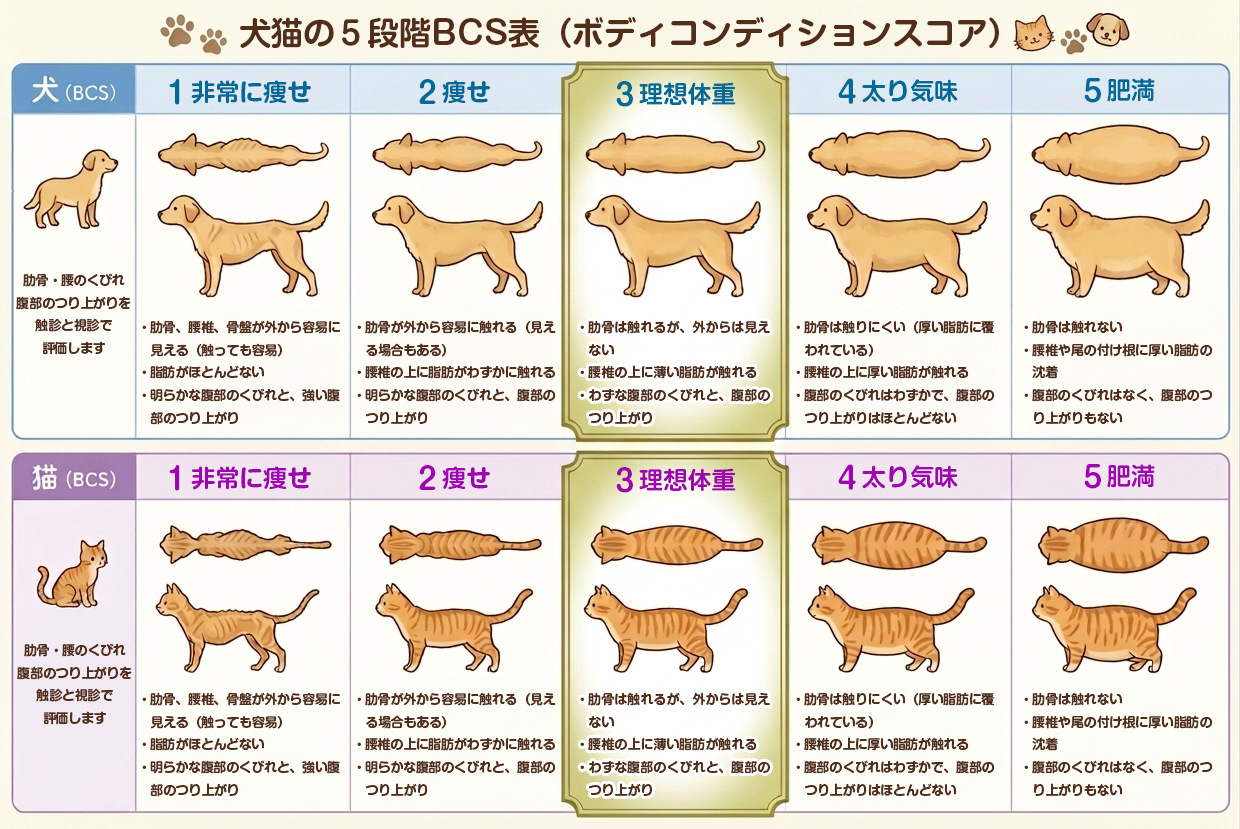 犬猫の5段階 BCS 表（ボディコンディションスコア）
